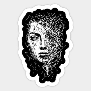 black and white graphic of female head with vines Sticker